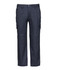 Navy cargo pants featuring multiple pockets and a logo on the waistband.
