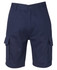 Navy cargo shorts featuring side pockets and a button closure. Includes branding details.