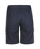 A pair of black cargo shorts featuring multiple pockets and a logo on the side.