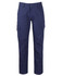 Navy blue cargo pants with multiple pockets and a fitted design, featuring a branding logo.