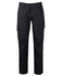 Black cargo pants featuring multiple pockets and a front button closure. Includes a branded logo on the waistband.