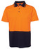 An orange and navy short-sleeve polo shirt with a pocket and a branded logo.
