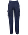 Navy cargo pants with multiple pockets and a straight cut design. Features a waistband with a button closure.