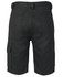 Black cargo shorts featuring multiple pockets and a sturdy design, with a logo. Back view displayed.