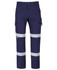Navy cargo pants featuring reflective D+N tape, with multiple pockets and a logo on the side.