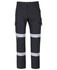Multi-pocket stretch canvas cargo pants in black with reflective tape strips. Features a logo on the side.