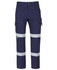 Navy blue cargo pants featuring reflective D+N tape accents and multiple pockets. Includes a logo on the side.