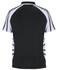 A black and white polo shirt featuring a distinctive design and a logo on the upper back.