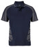 A navy blue polo shirt with grey accents and a brand logo. It features a classic collar and short sleeves.