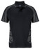 A black polo shirt with grey accents and a logo, featuring short sleeves and a collar.