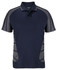 A navy polo shirt with grey accents and a logo, featuring a classic collar and short sleeves.