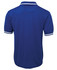 A blue polo shirt featuring a solid design with contrasting striped details on the sleeves and a logo.