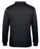 A black long-sleeve polo shirt featuring a subtle texture and red accents on the shoulder, with a logo present.