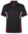 A black polo shirt with red and grey accents, featuring a logo on the chest.