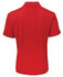 A red polo shirt featuring a collar and short sleeves, with a logo on the back.