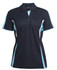 A navy polo shirt for women with light blue and white accents, featuring a collar and a logo.