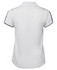 A white polo shirt with navy accents and a collar, featuring a logo on the back.