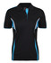 A black polo shirt featuring blue accents and a logo. The design includes a classic collar and button placket.