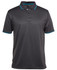A dark grey polo shirt featuring contrast teal detailing and a logo. Short sleeves and collared design.