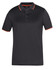 A black polo shirt featuring contrast orange trim on the collar and sleeves, with a logo on the chest.
