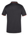 A black polo shirt featuring contrast orange detailing and a logo on the front.