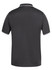 A dark grey polo shirt with contrasting white trim, featuring a logo on the collar.