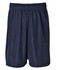 Navy sports shorts made from breathable mesh material, featuring an elastic waistband and a logo.