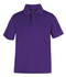 A purple polo shirt with a collar and short sleeves, featuring a badge on the neckline.