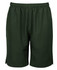 Dark green sports shorts with an elastic waistband and side slits at the hem. Features a logo.
