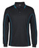 A black long-sleeve polo shirt with blue piping details and a collar. It features a logo on the chest.