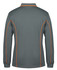 A long-sleeve polo shirt in dark grey with orange piping details and a collar. It features a logo on the front.