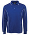 A long-sleeve polo shirt in blue with white piping and a collar, featuring a logo.