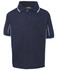 A navy polo shirt with white piping and a collar, featuring short sleeves and a logo. 