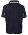 A navy polo shirt with white piping, featuring a collared neck and short sleeves, showing the back view.