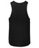 A black poly singlet with a sleeveless design, featuring a smooth fabric and a logo on the back.
