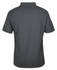 A dark grey polo shirt with a short collar and a textured fabric, featuring a logo on the back.