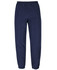 Navy track pants featuring an elastic waistband and cuffs, with a branding logo on the side.