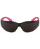 Sunglasses with a black frame and pink arms, featuring a dark lens. Includes a branding logo.