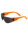 Sunglasses with a grey lens and bright orange frames, featuring branding on the temple.