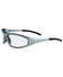 Safety glasses in clear with grey frames and black rubber earpieces, featuring a logo on the side.