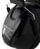 A black ear muff with a glossy finish, featuring a logo and metallic hinges, designed for noise reduction.