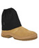 A tan boot with a black cover, featuring an elasticised top and a textured sole. It has a logo on the cover.
