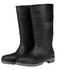 Black rubber boots with grey soles, featuring a logo on the side. Designed for durability and practicality.