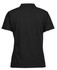 A black ladies pique polo shirt featuring a collar and short sleeves, with a logo on the side.