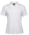 A white ladies' pique polo shirt featuring a collar, button placket, and a brand logo on the label.