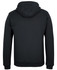 A black 1/2 zip hoodie featuring a hood and a plain back design. It includes a branding logo.