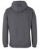 A grey hoodie featuring a half zip design and a hood, with a logo on it.