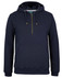 A navy blue 1/2 zip hoodie featuring a front pocket and a drawstring hood, with a logo on the label.