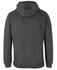 A grey 1/2 zip hoodie with a hood, featuring a logo on the back.