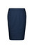A navy pencil skirt with a tailored fit, featuring a sleek design and subtle pleats. It has a logo.